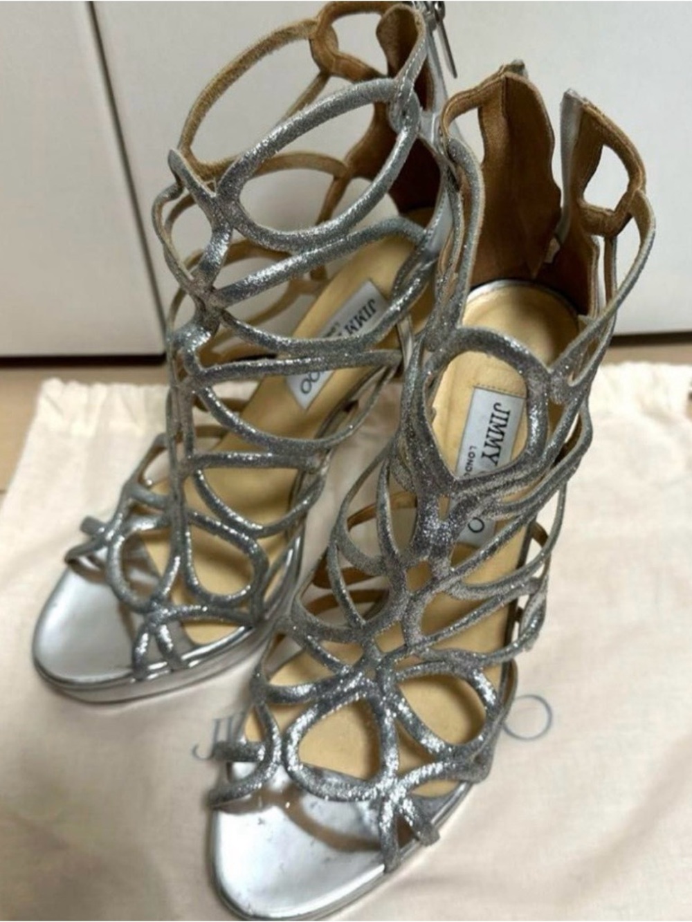 Jimmy Choo Silver Glitter Strappy Cage High Heels